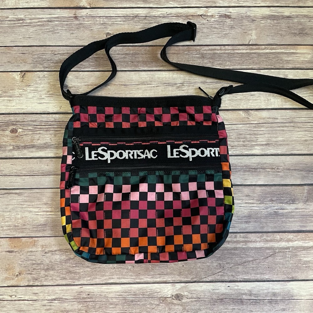 LeSportSac Rainbow Checkers Handbag Zipper Crossbody Bag Pink Yellow Purse
